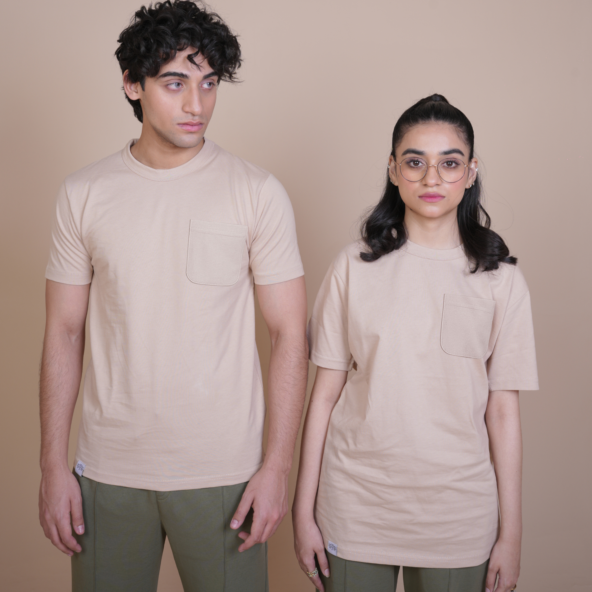 CLASSIC ALL DAY BEIGE COTTON TEE - REGULAR FIT POCKET TEES