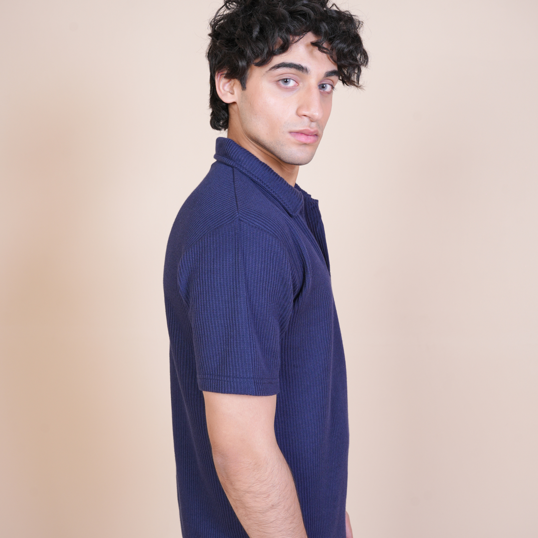 JHONNY COLLAR WAFFLE POLO NAVY BLUE