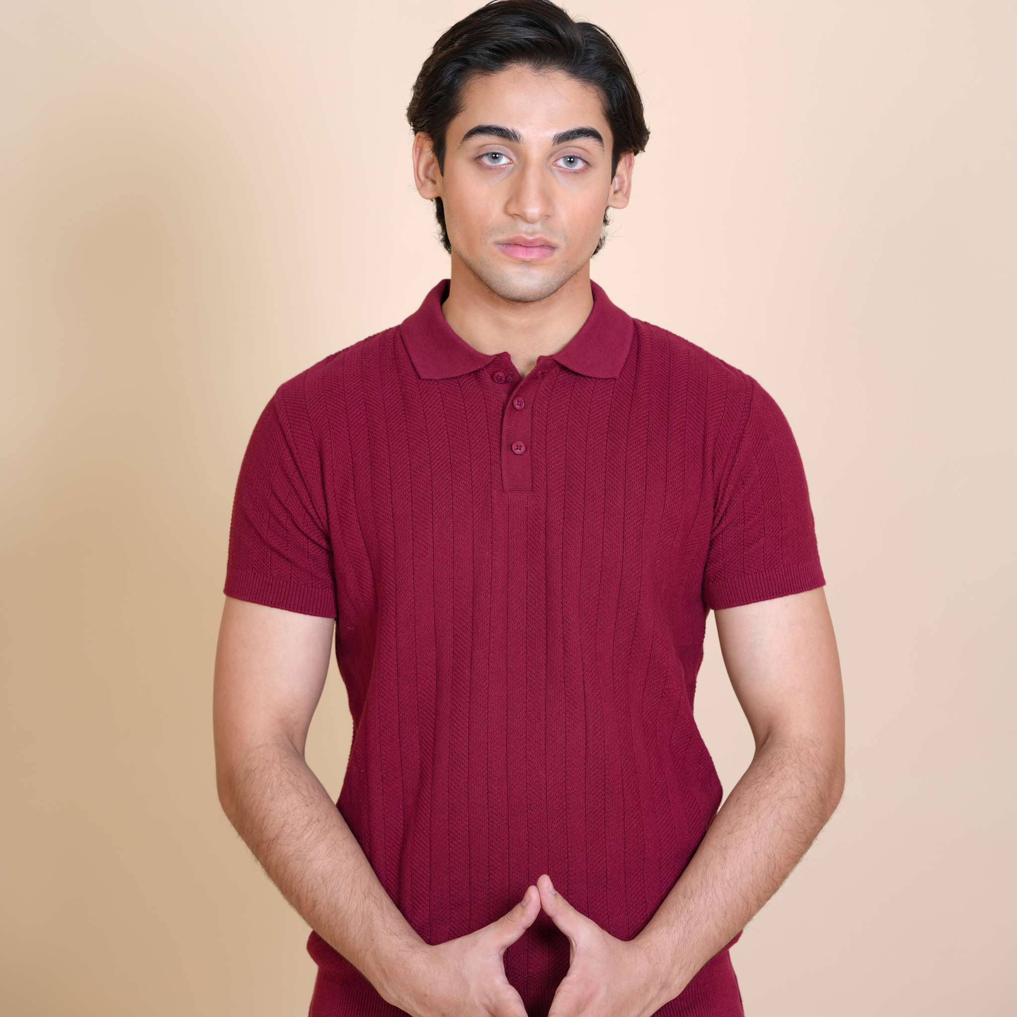 REFINED DROP NEEDLE - KNITTED POLO MAROON