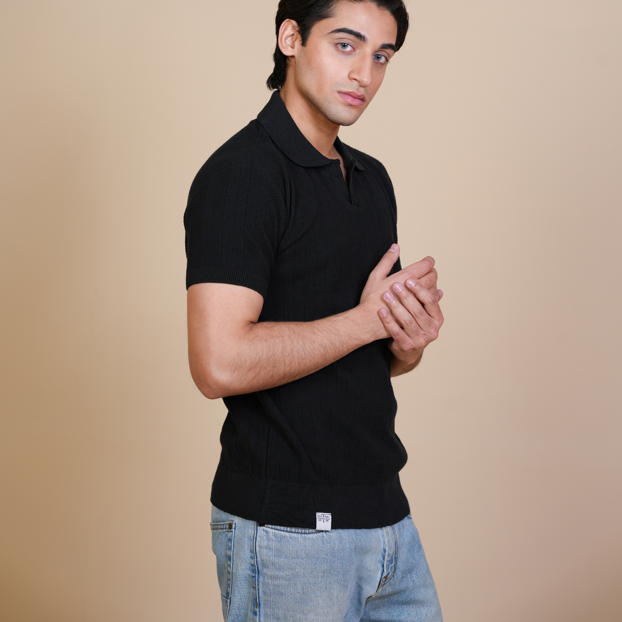 REFINED DROP NEEDLE - KNITTED POLO BLACK