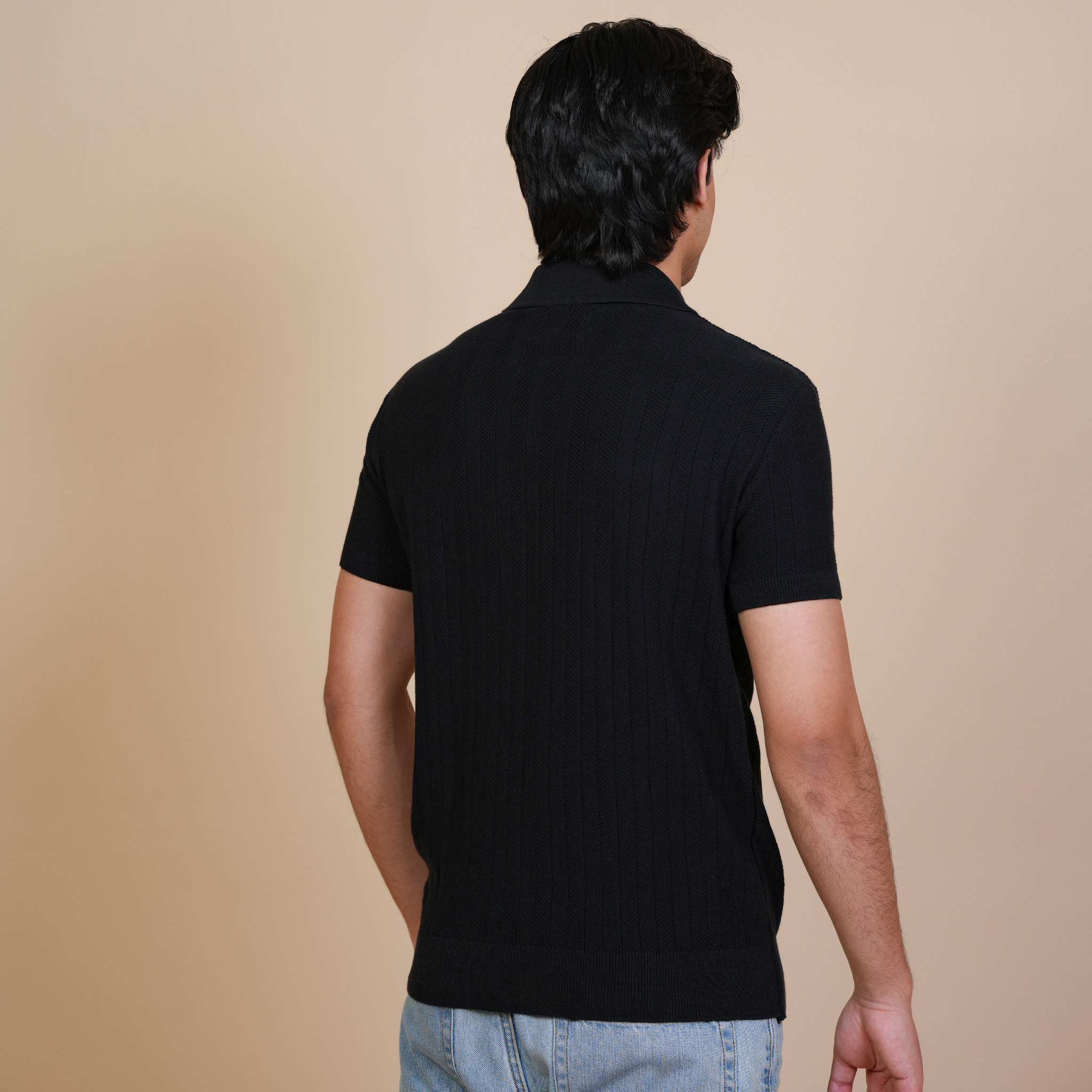 REFINED DROP NEEDLE - KNITTED POLO BLACK